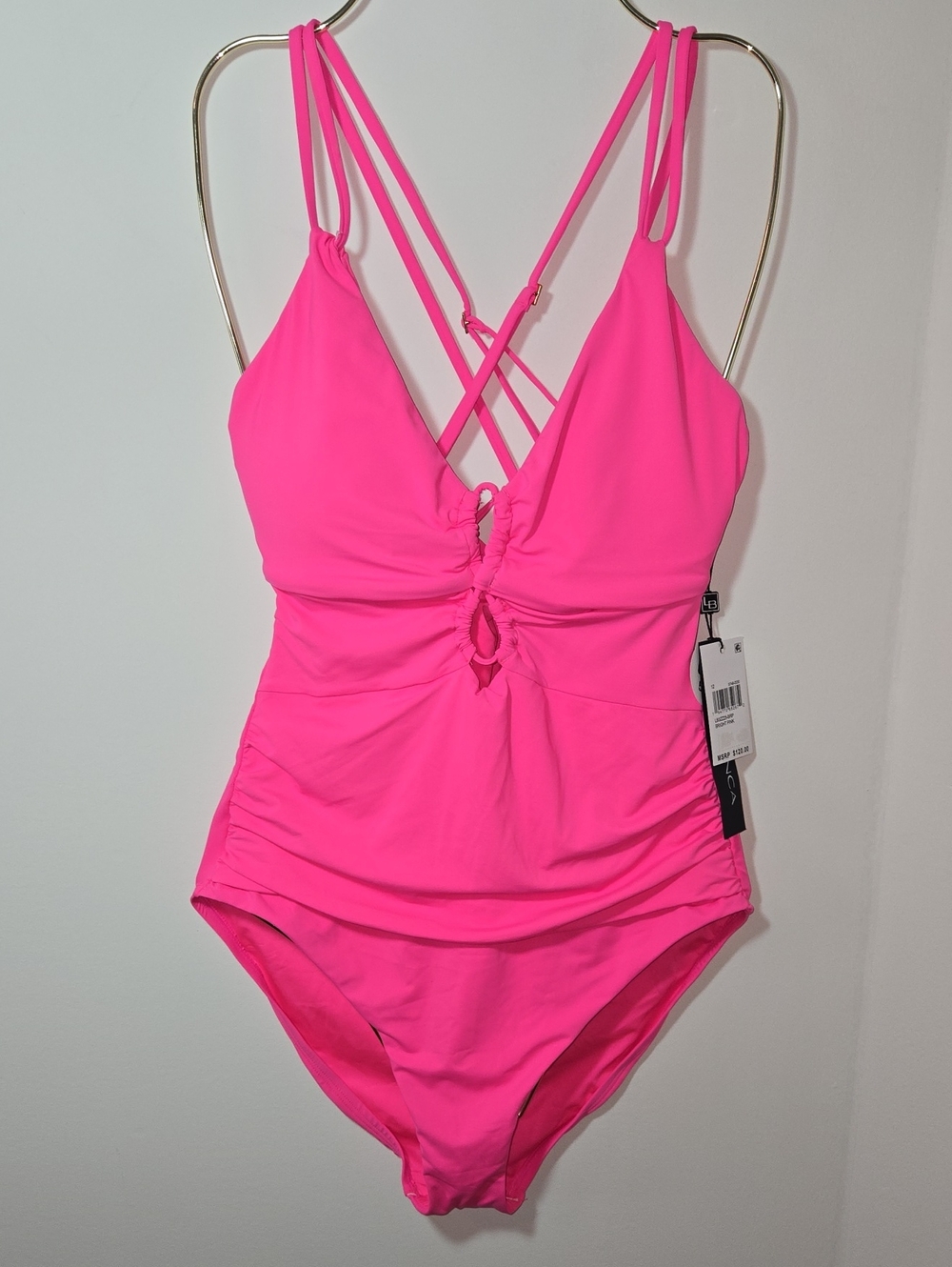 La Blanca Bright Pink One-Piece Swimsuit with Crisscross Straps NWR Size 12
